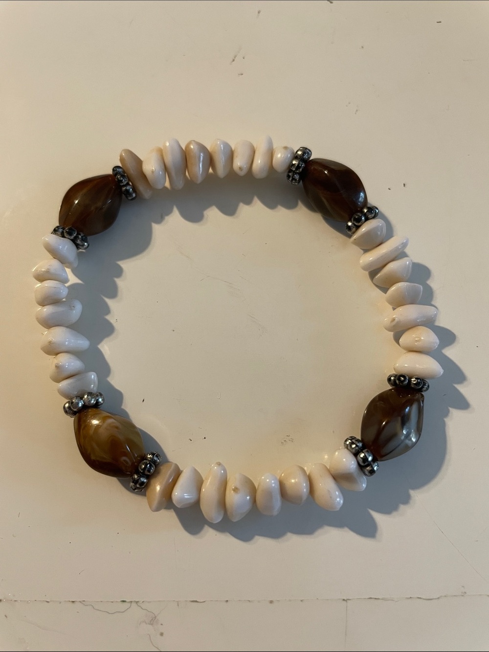 Cream and Brown Beaded Stretch Bracelet - Women's Jewelry